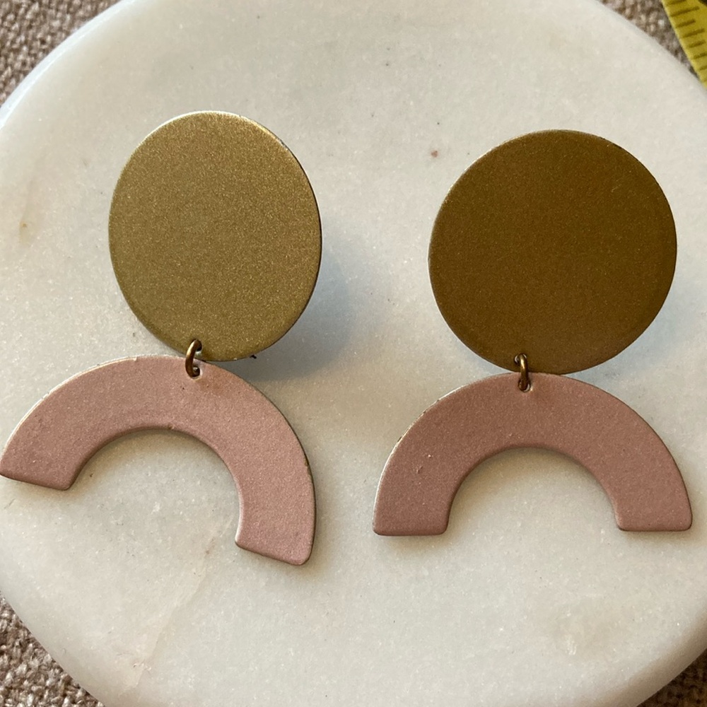 Artsy Geometric Gold and Pink Earrings Half Moon and Circle